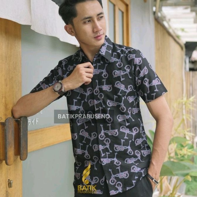 Biketon Lengan Pendek Slimfit Original Baju Batik Prabuseno Kemeja Pria Bahan Katun Printing Halus F