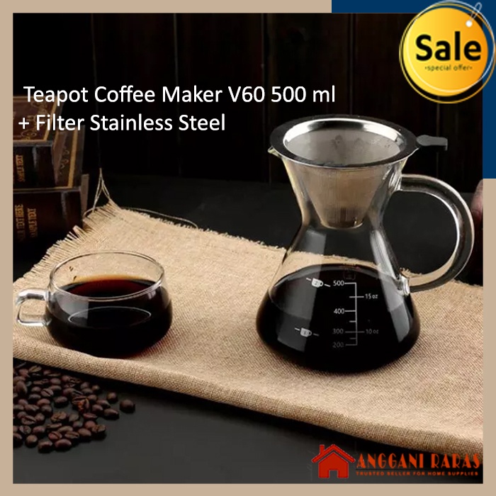 Pitcher V60 Dripper Espresso Maker Teko Kopi Kaca Dengan Saringan Stainless 500ml