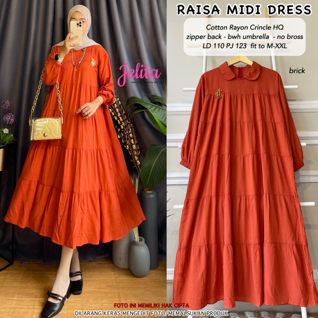 RAISA MIDI DRESS PAKAIAN GAUN BY JELITA BAHAN COTTON RAYON CRINCLE