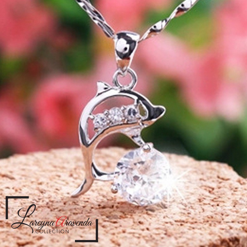 Kalung Titanium + Liontin Wanita Model Dolphin Kristal Crystal KL051