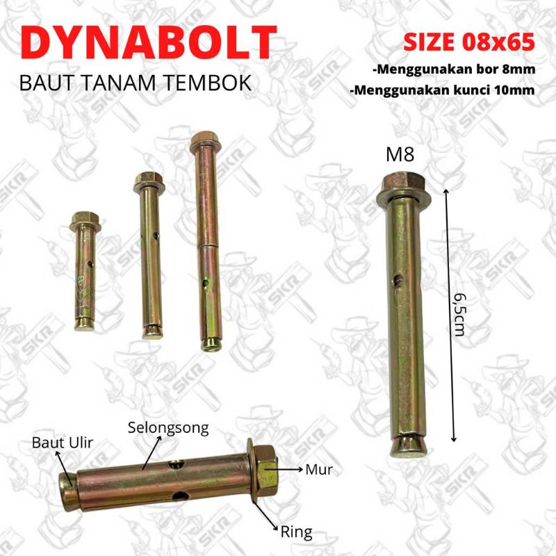 DYNABOLT M8 Baud Tanam 08x40 / 08x65 / 08x85 Dinabolt Ramset Kunci 10
