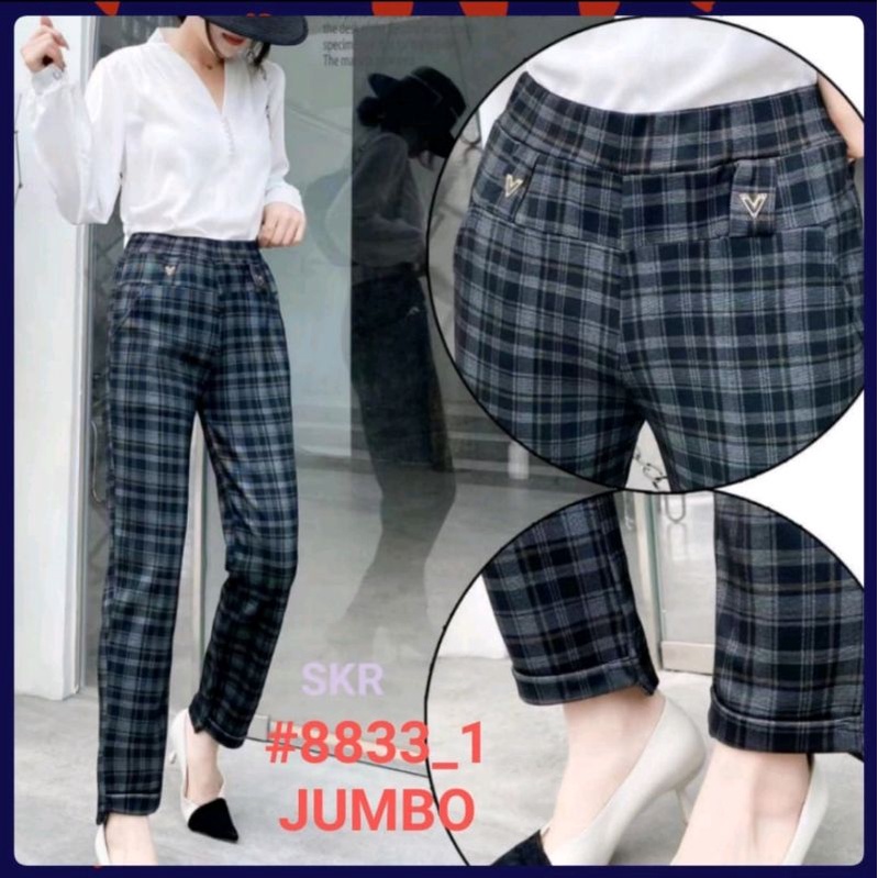 CELANA PANJANG WANITA STRET IMPORT MOTIF KOTAK  SALUR JUMBO FORMAL