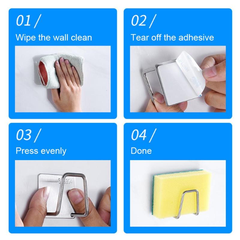 Multifunction Home Wall Mounted Sponge Storage Holder / Bathroom Kitchen Self Adhesive Sponge Drain Rack Hooks Shelf