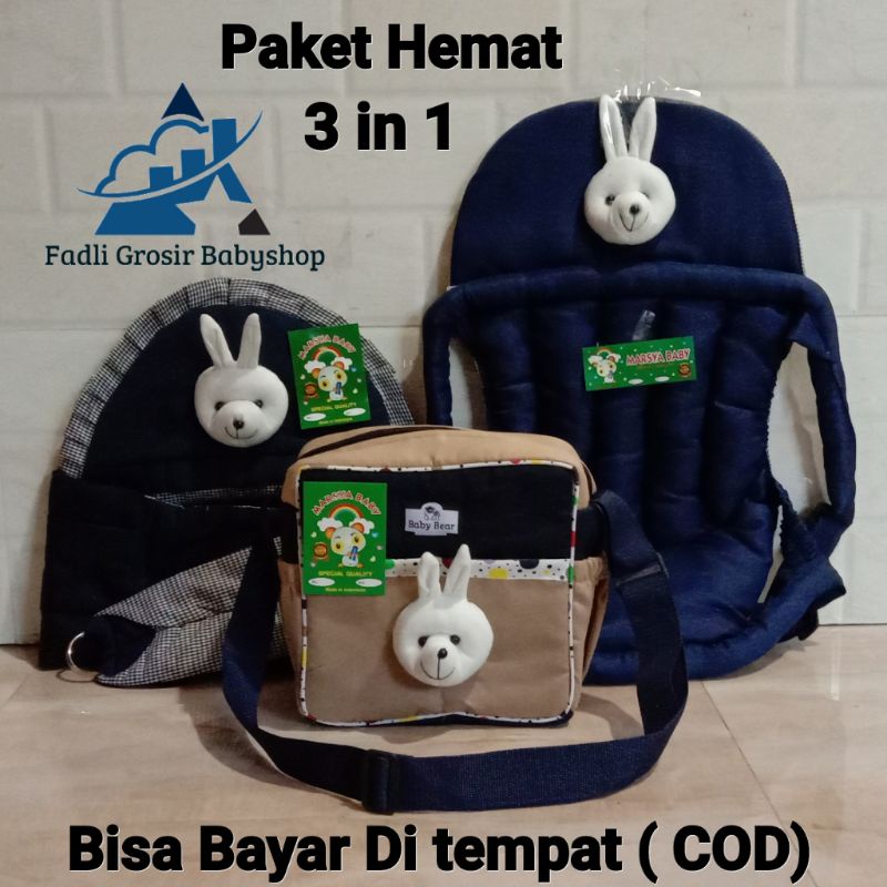 Gendongan Bayi Samping Boneka Tas Bayi Strip Boneka Dan Gendongan Depan Bayi Topi Boneka ( 3 in 1 )