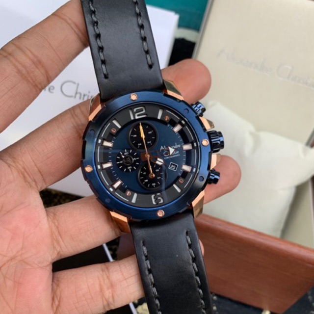 Jam Pria Alexander Christie AC 6410MC Rosegold List Blue Leather Black Original