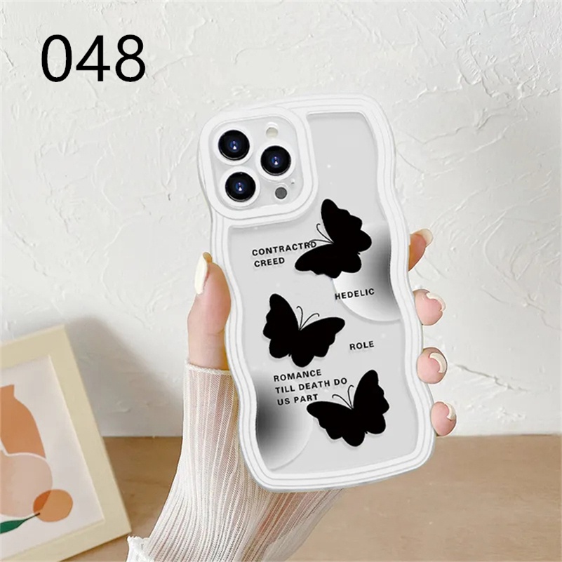 Soft Case Karet Tebal Shockproof Motif Kupu-Kupu Hitam Putih Untuk iPhone 14 13 12 11 Pro Max X Xr Xs Max 8 7 6 6s Plus