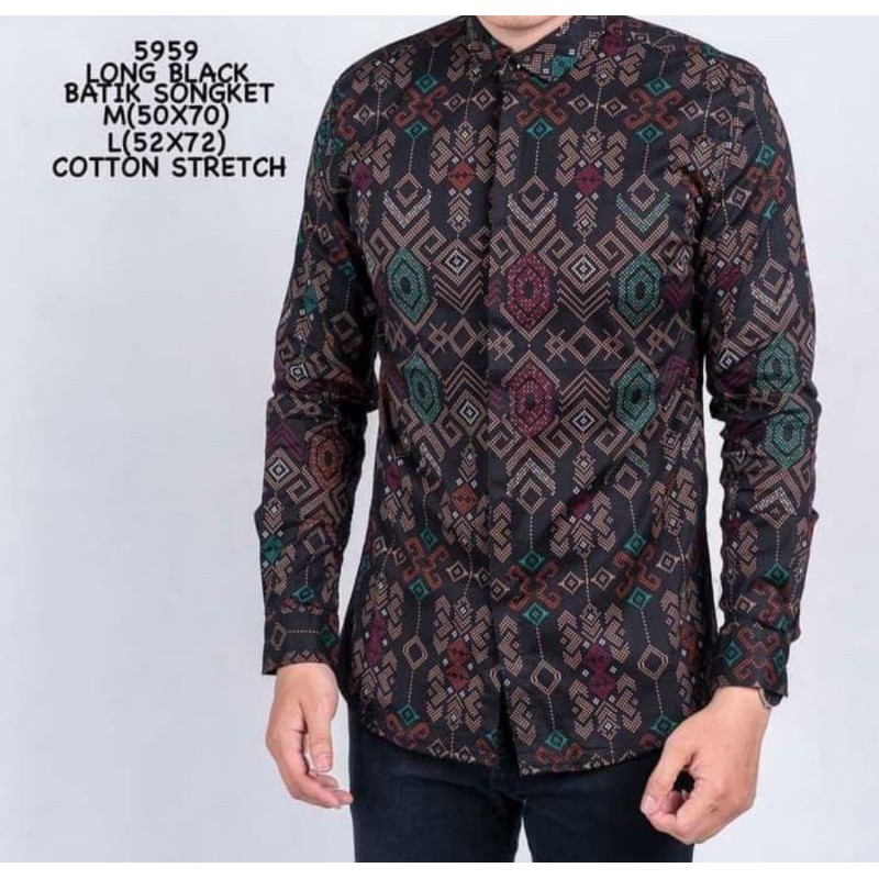 kemeja lengan panjang batik songket hitam pria slimfit / batik modern