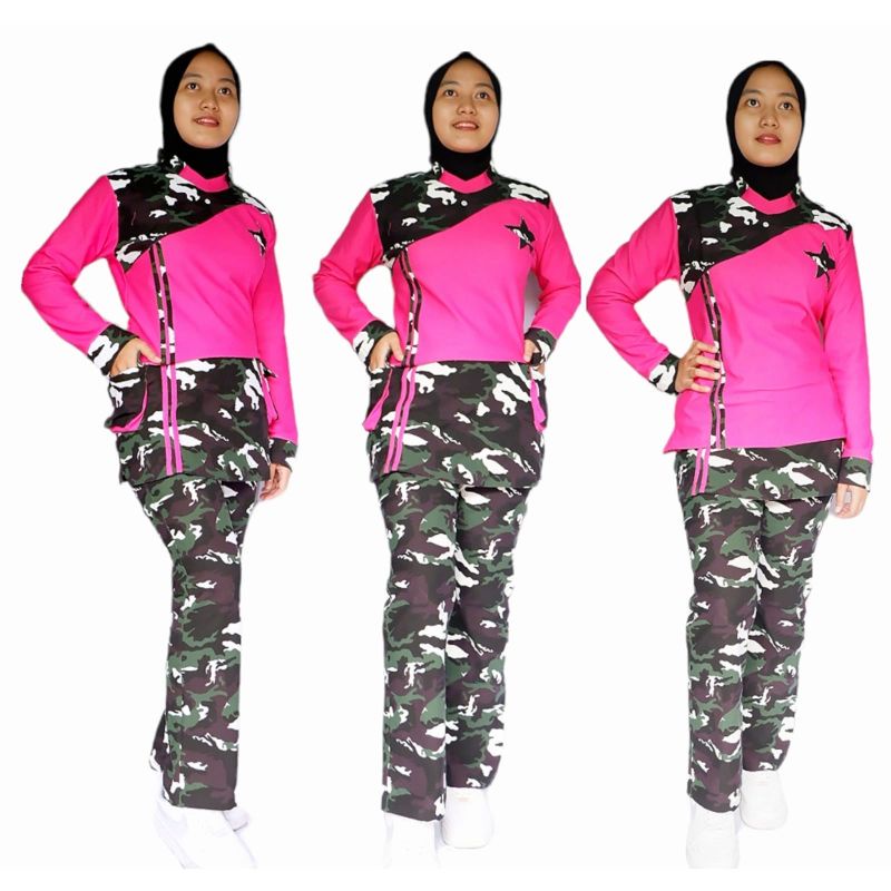 setelan baju senam aerobik zumba wanita pink army bahan denim spandex