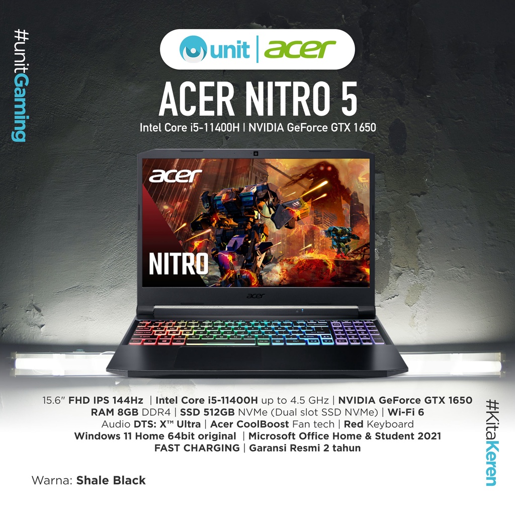 ACER NITRO 5 AN515 - 57 - 55XN Core i5-11400H GTX 1650 8GB 512GB Win11 - Shale Black
