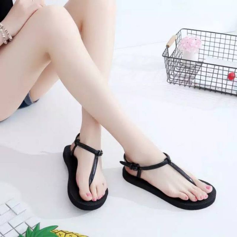 Sandal Strappy Slingback / Sendal Jepit Karet Spon Wanita / Sandal Boloni 90% real Pick Pink Black