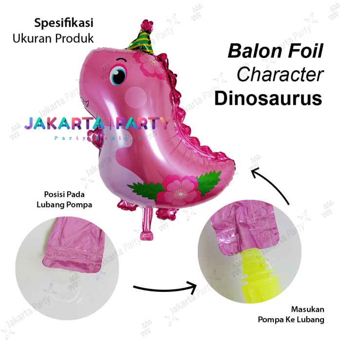 Balon Karakter Dino Topi Pink / Balon Dino Lucu / Balon Dino Kartun