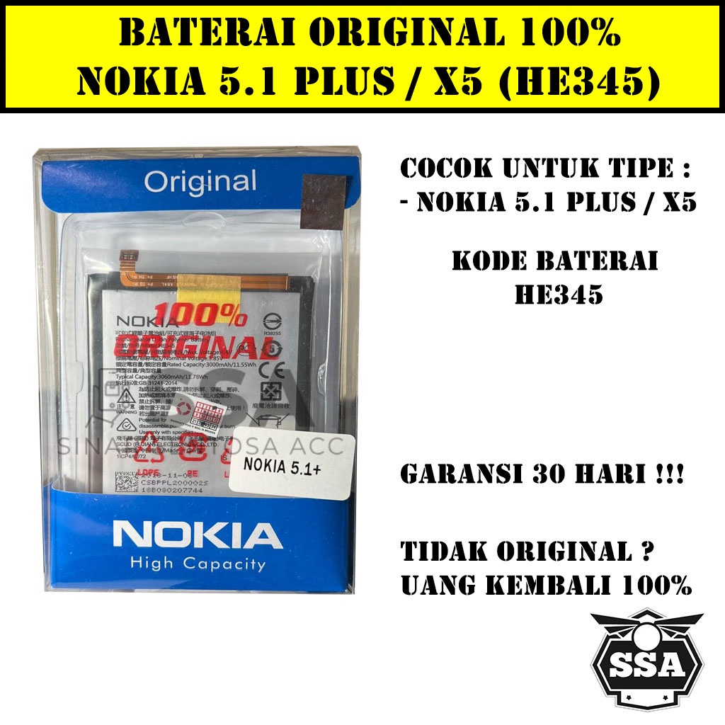 Baterai Original 100% Nokia 5.1 Plus X5 5.1+ HE345 HE 345 5,1 5.1 5,1+ 51 Battery Batrai Batu Batre Batrei HP Ori Garansi