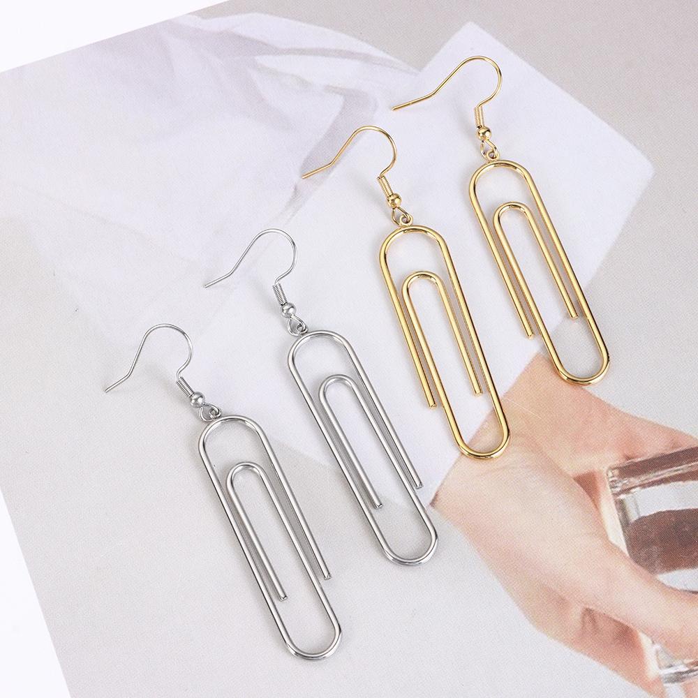 Top Paper Clip Earrings Anting Klip Kertas Gaya Korea Perhiasan Pesta Warna Emas Perak Ear Clip