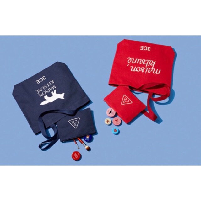3ce Maison Kitsune Navy Red Tote Bag And Pouch Shopee Indonesia