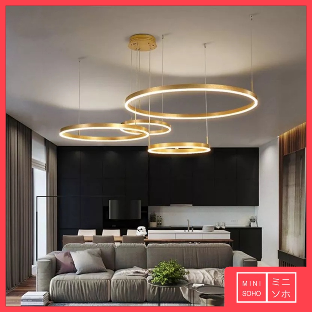 Lampu Gantung Hias Mewah Luxury Premium Minimalis Modern Aesthetic 4 Random Rings Pendant Ceiling LED - Gold