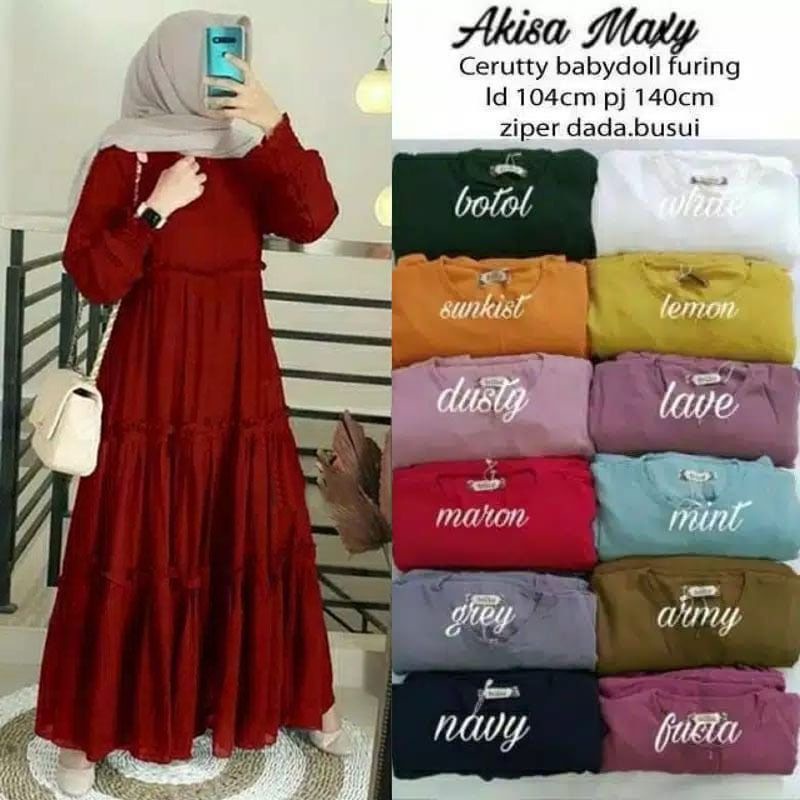 Baju Gamis Akisa Maxy Dress Bahan Ceruty Baby Doll Full + Lapis Dalam Puring Hyget Super