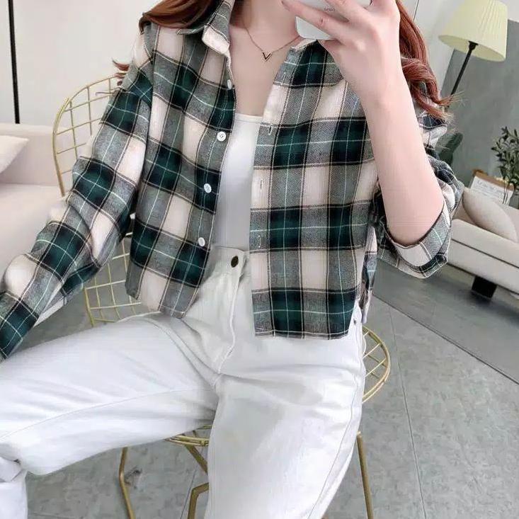 KEMEJA CROP TARTAN | KEMEJA WANITA KOTAK OVERSIZE / OVERSIZE FLANEL TARTAN / CROP TARTAN SHIRT [GY.2