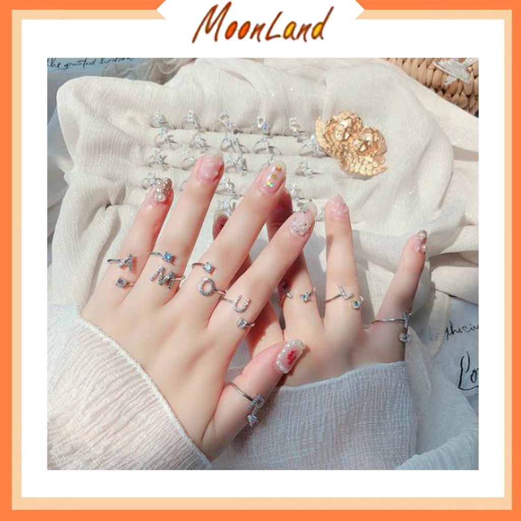 MoonLand 390 COD Cincin Permata Wanita 26 Huruf Inisial N - Z Gold dan Silver Murah Import