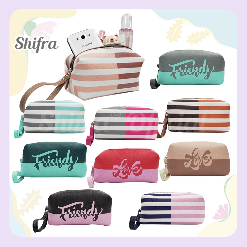 Shifra Pouch Kosmetik Tempat Pouch Masker Make Up Wanita Love Friend Garis