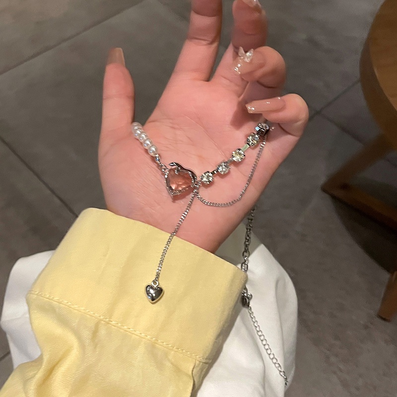 Kalung Wanita Dengan Liontin Kristal Mutiara Bentuk Hati Warna Pink Untuk Pesta Pernikahan