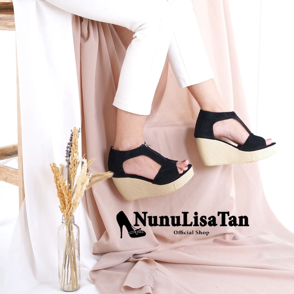 NunuLisaTan - Termurah Bayar Di tempat Sepatu Hak Selop Kokop Wedges Wanita RESLETING hitam 7cm