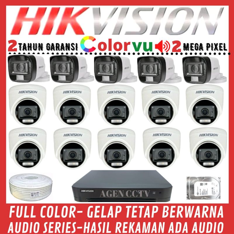 PAKET CCTV HIKVISION COLORVU 2MP 16 CHANNEL 15 KAMERA AUDIO FULL COLOR