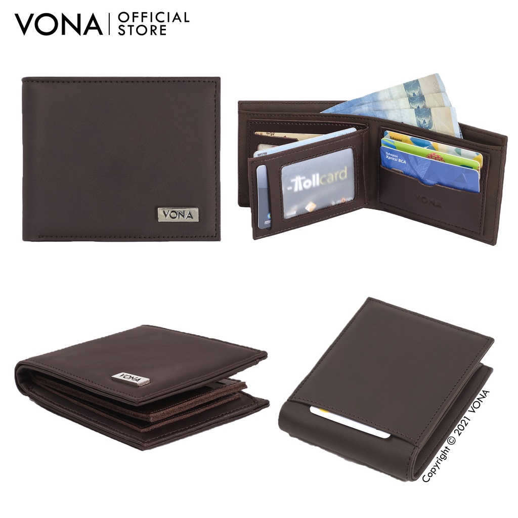 VONA Dompet Pria Lipat 3 Ruang Pendek Kulit PU Banyak Slot Kartu - Hitam Dark Brown - NOAH-5