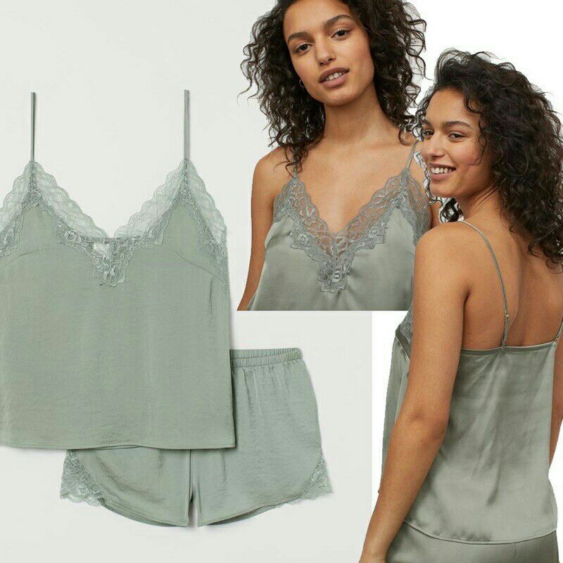 H&amp;M  Celana Tidur  Satin Sleepwear Pjamas  Set Lase Cami Tank + Short | Celana tidiur  Lingerie Original Branded