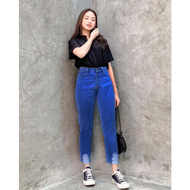 Dazina Boyfriend Jeans Denim Ripped lower Bahan Tebal Premium