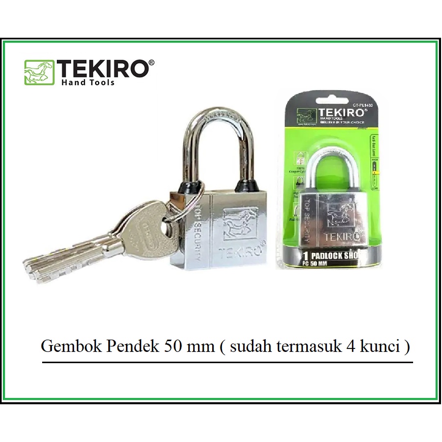 TEKIRO Gembok Leher pendek 50 mm PADLOCK SHORT / Gembok Pendek 50mm 4 anak kunci Gembok Rumah Pagar 50 mm