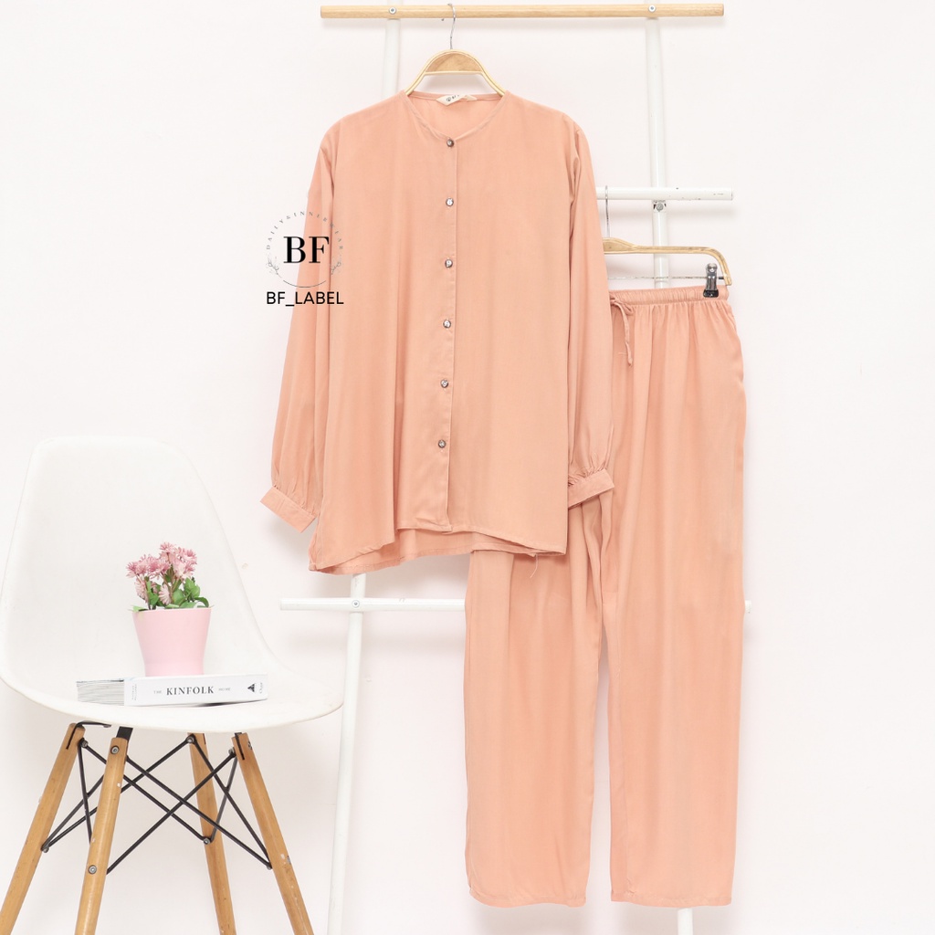NARA SET | One set rayon polos basic celana panjang kemeja panjang sleepwear piyama by @bf_label BF Label-Clay