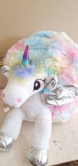 4D UNICORN FURY BAG / TAS UNICORN BULU / UNICORN BAG FLUFFY / RANSEL UNICORN IMPORT SILVER PINK