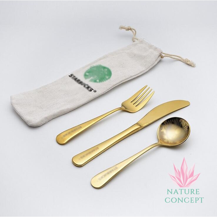 Sendok Garpu Pisau Set Starbucks Stainless Gold Peralatan Makan Set