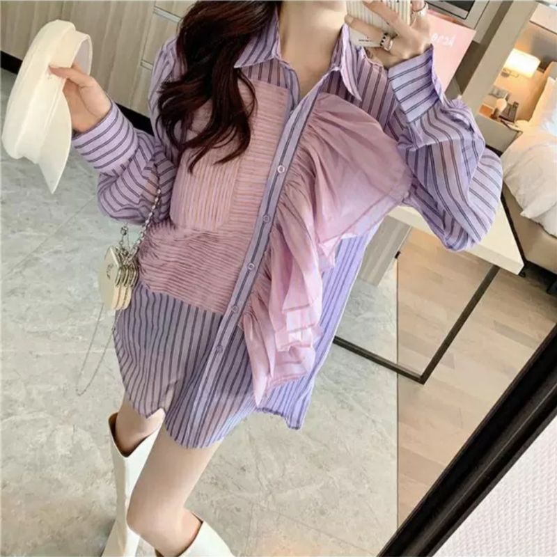 MDLV ~ 2120 Carilyn Ruffle Shirt Kemeja Korea Style Kemeja Ruffle Pink Lilac Kemeja Garis Lilac Kemeja Terbaru Kemeja Premium Fashion Import