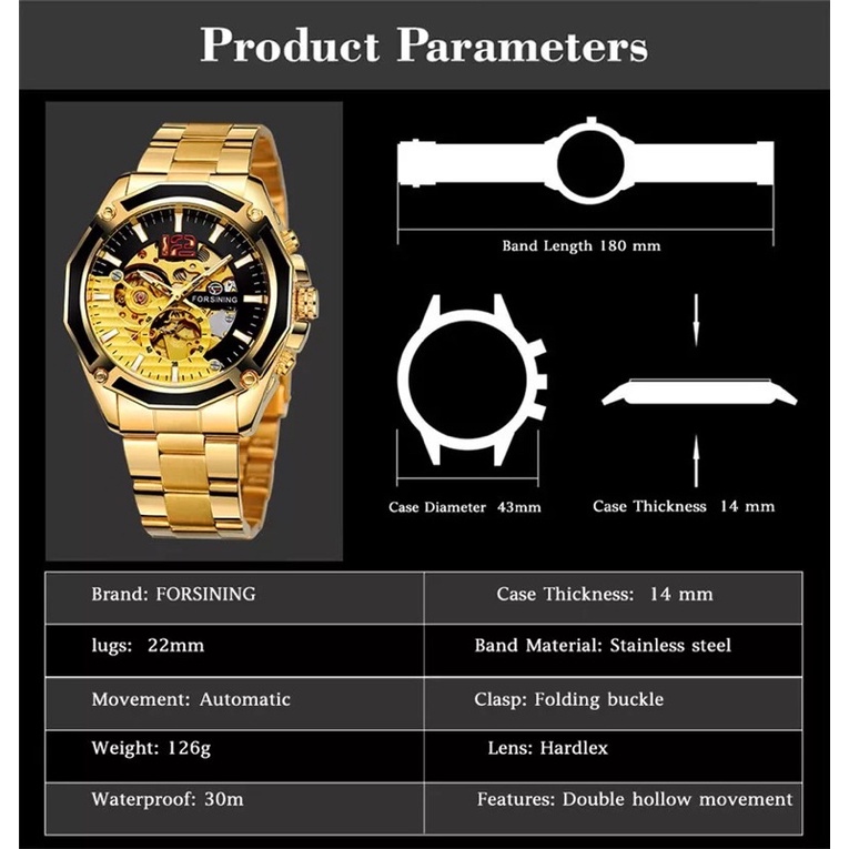 Jam Tangan Pria Original Forsining Automatic Mechanical Golden Luxury Sporty Gold