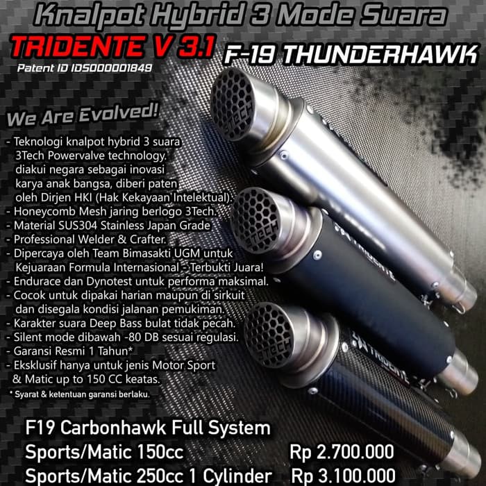 Tech32 Knalpot 3 Suara Tridente F19 Carbonhawk SportMatic 150cc Full System