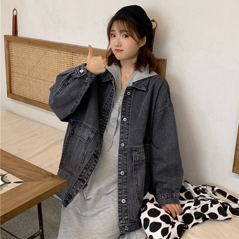 [chaoo.id]Jaket Denim Gaya Korea Jaket Lengan Panjang Retro Warna Solid Jaket denim wanita Korea style