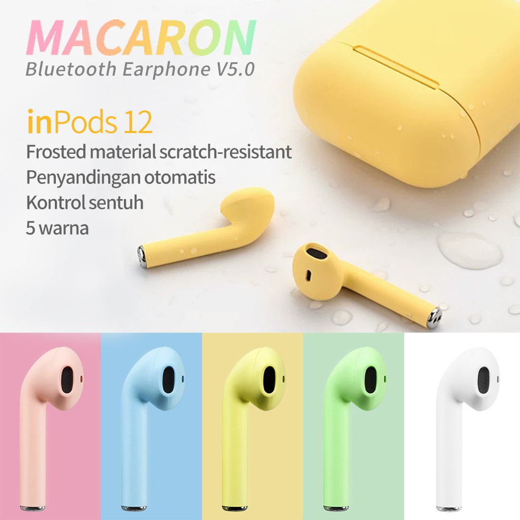 Earphone Bluetooth InPods TWS i12 Headset Macaron  Wireless bt v5.0