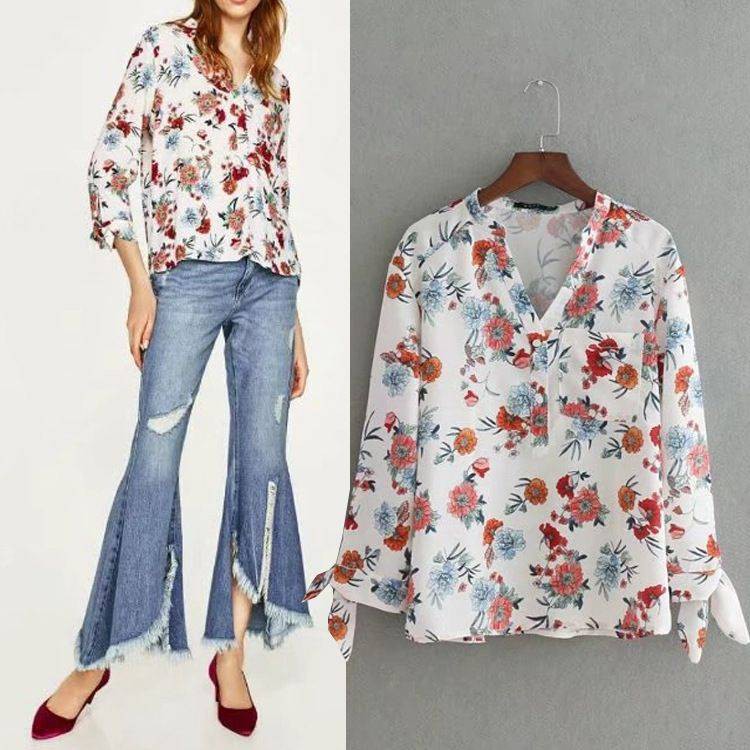 Blus Motif Bunga Lengan Panjang Import - 45007 White Flwoer Day Blouse