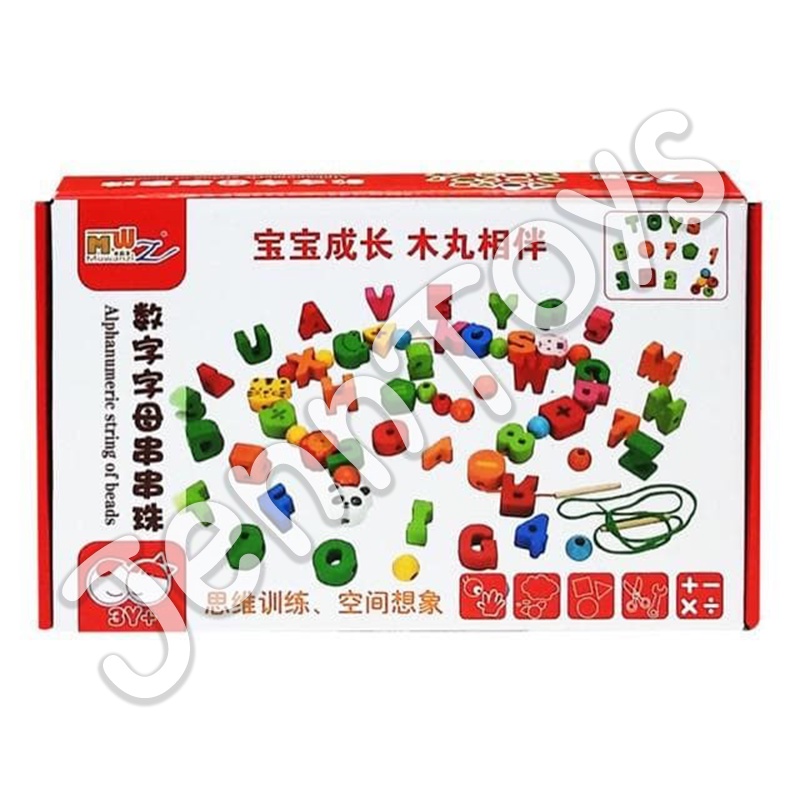 JennToys - Mainan Kayu Meronce huruf angka hewan - ALPHANUMERIC STRING OF BEADS