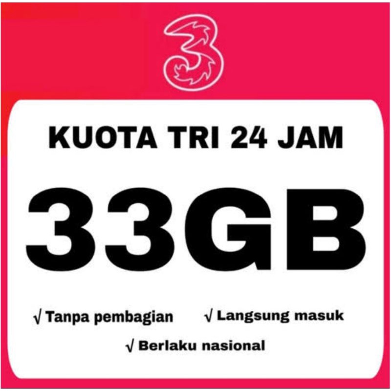 PAKET DATA KUOTA TRI / THREE 33GB & 66GB FULL 30 HARI 24 JAM TANPA PEMBAGIAN