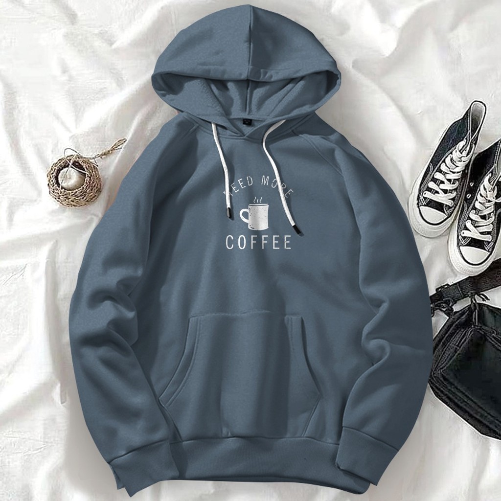 HOODIE UNISEX NEED MORE A CUP OF COFFEE FLEECE TEBAL HALUS TERBARU,