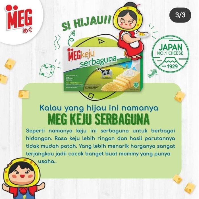 

Keju- Meg Hijau Keju Cheddar Serbaguna, Bentuk Kotak 170Gr Best Seller !! -Keju.