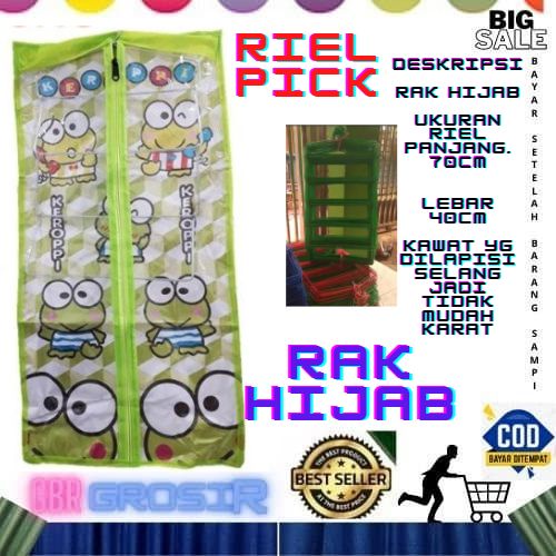 Rak Jilbab Gantung Resleting tanpa saku depan Organizer Serbaguna Motif Karakter UK 29X45