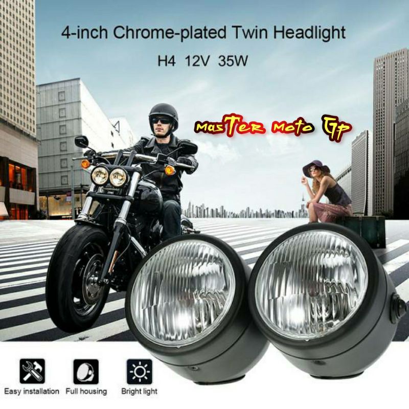 reflektor refector reflector Refektor double model harley bholam H4 batok headlamp owen Caferacer double lampu depan