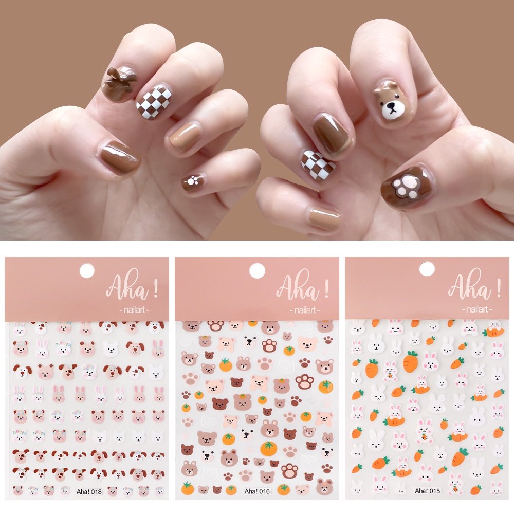 Stiker Kuku Motif Kartun Beruang 3D Transfer Air Untuk Dekorasi Nail Art / Manicure DIY