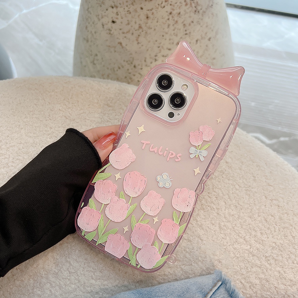 Case Pelindung Transparan Motif Tulips Bow Untuk Iphone X Xr Xm 11 12 13 Mini PRO MAX