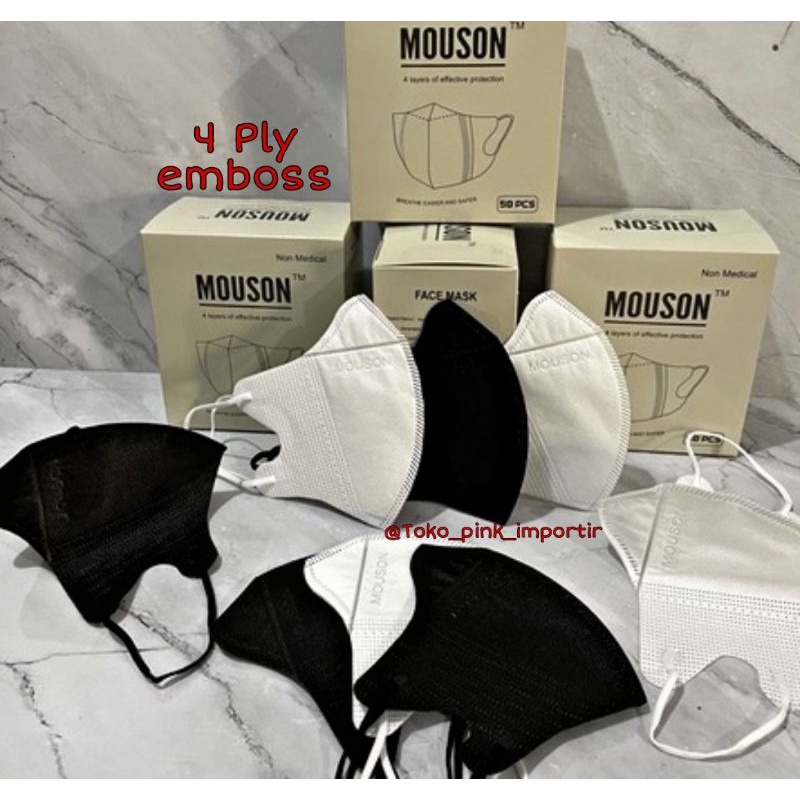 MASKER DUCKBILL MOUSON EMBOS 4PLY | MASKER MOUSON DUCKBILL GARIS 4PLY BOX ISI 50 | MASKER DB DUCKBIL 4PLY MOUSON ALKINDO CAREION CCARE EMBOS HITAM PUTIH GREY ABU ORIGINAL