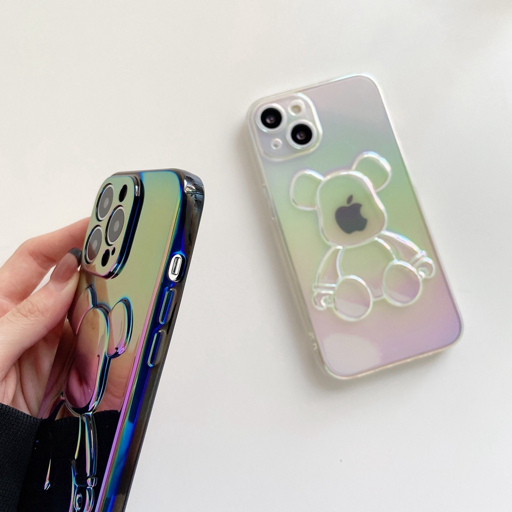 Soft case Silikon Transparan Motif Beruang 3D Warna Gradasi Laser Untuk iPhone 11 Pro MAX 12 13 Pro MAX