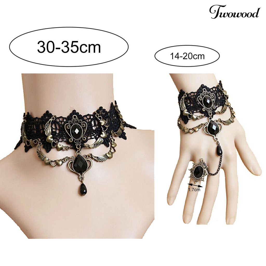 Kalung Gelang Cincin Bahan Lace Warna Hitam Gaya Gothic Punk Untuk Wanita